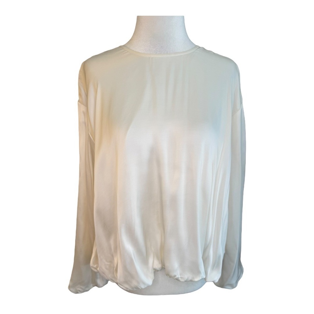 Madewell NWT Size 2 Winter White Long-Sleeve Bubble-Hem‎ Top in Satin - Picture 2 of 8